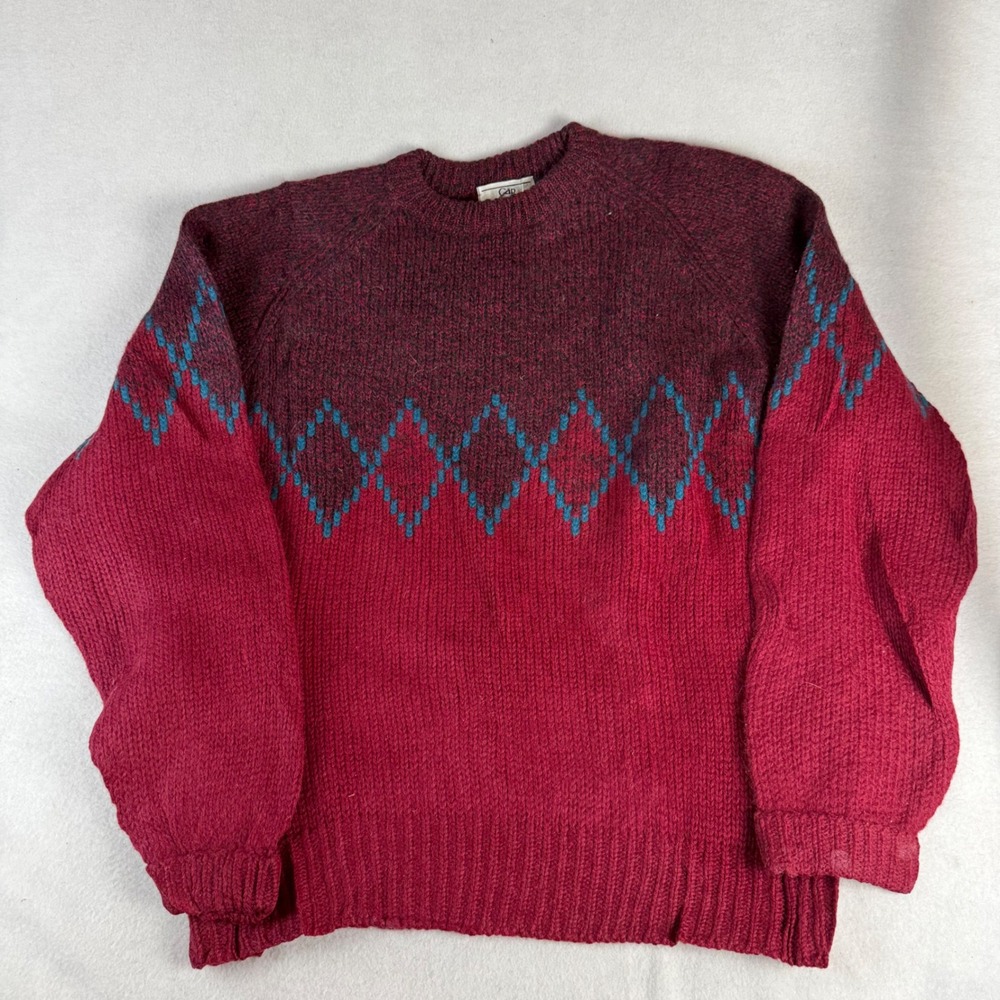 Vintage Gap Mens Large 100% Wool Argyle Crewneck Sweater Red Burgundy Teal 80s